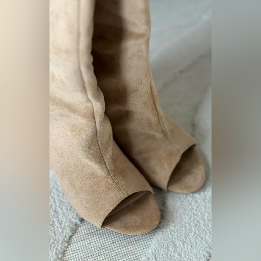 Tan Peep-Toe Knee-High Pull-On Wedge Heel Long Tall Boots - NEW - Picture 5 of 6